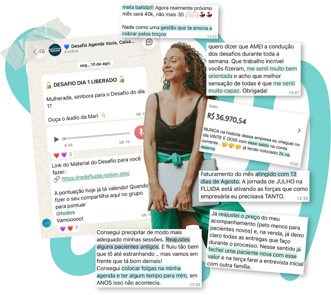 Prints do grupo do desafio e mensagens de alunas comemorando faturamento e reajuste de preços